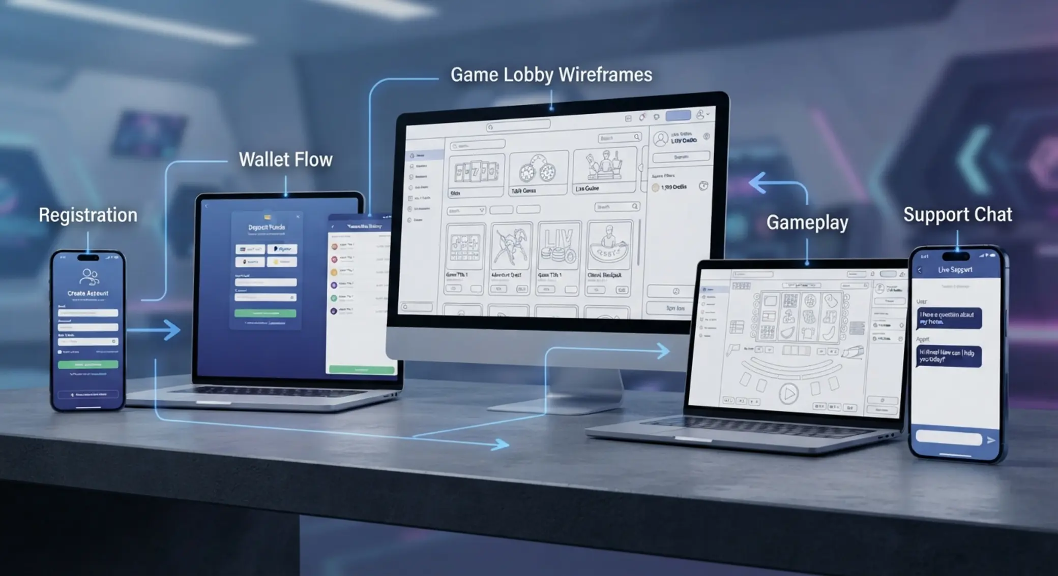 Hráčská cesta v online casinu zobrazená přes UX flow a obrazovky lobby