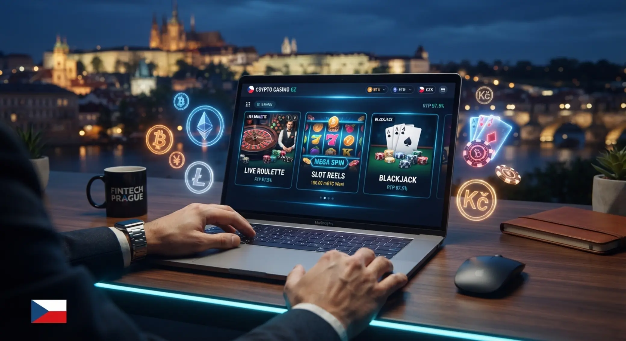 Ilustrace prostředí crypto casina s ikonami kryptoměn a her