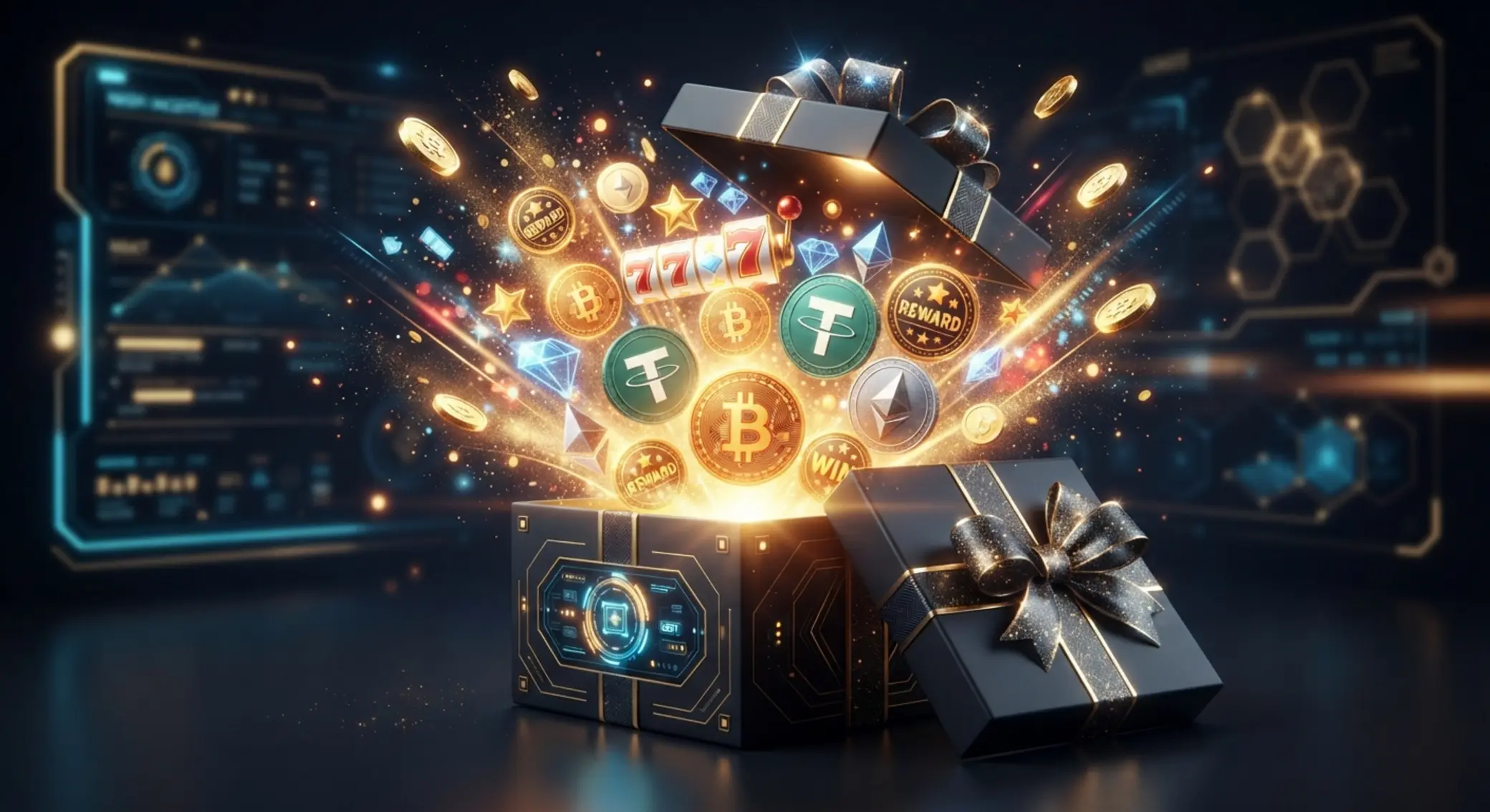 Vizualizace bonusu bez vkladu v crypto casinu s dárkem a kryptoměnami