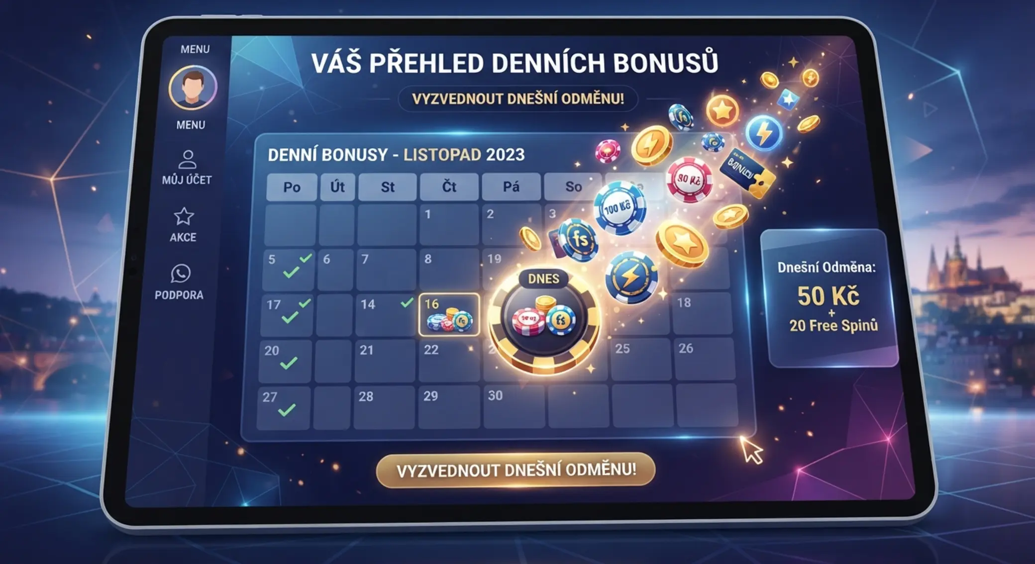 Přehled dnešních bonusů s kalendářem a ikonami odměn
