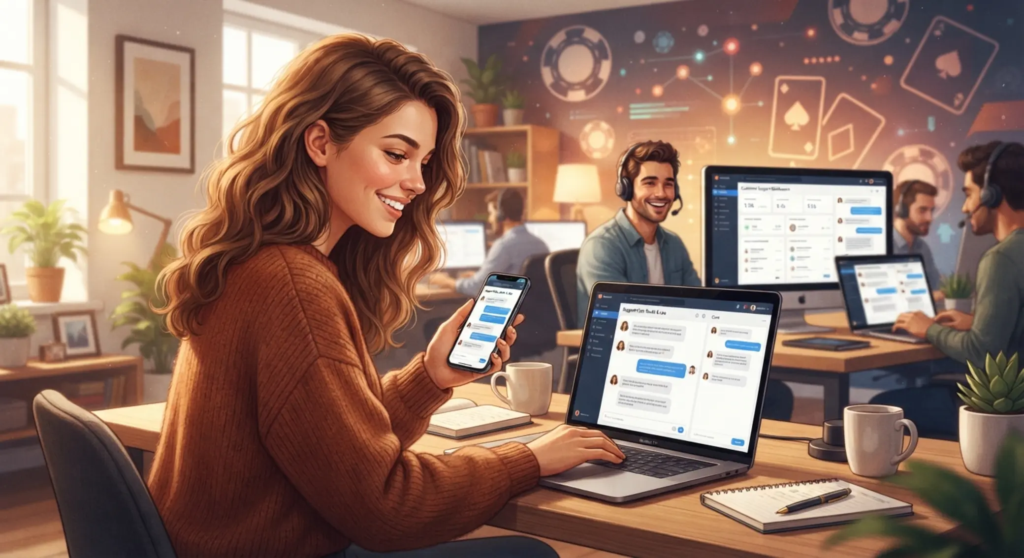 Uživatel komunikuje s podporou LEETO na notebooku a mobilu