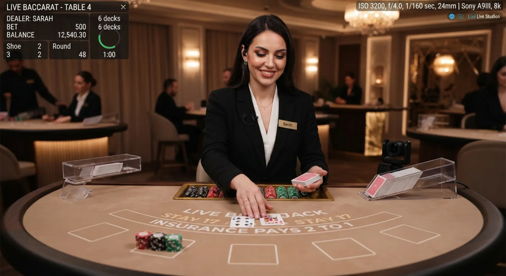 Live stůl rulety nebo blackjacku se záběrem na krupiéra a herní rozhraní