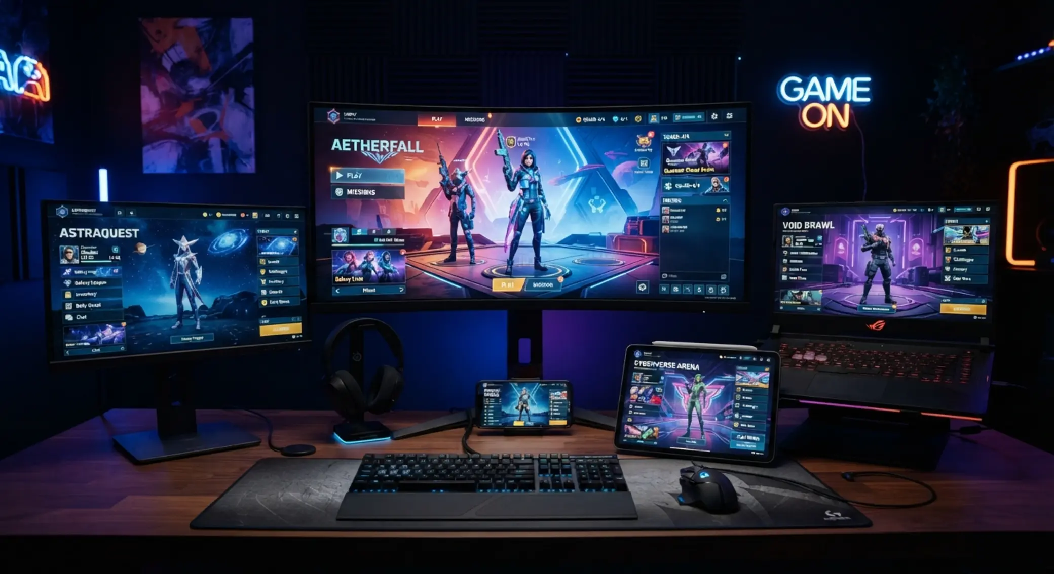 Přehled různých herních lobby na více obrazovkách