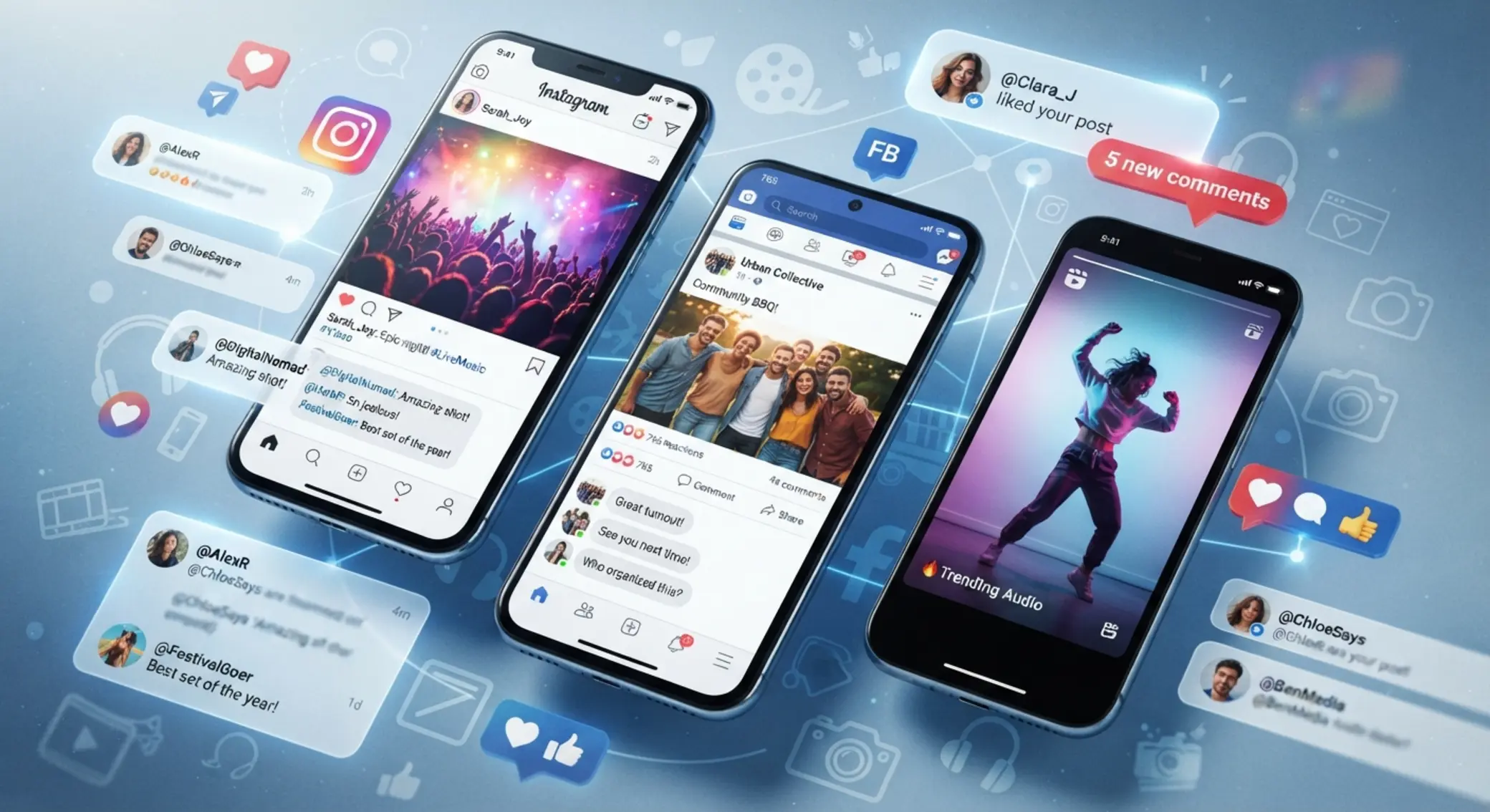 Kolaž sociálních sítí a online komunity kolem obsahu leeto