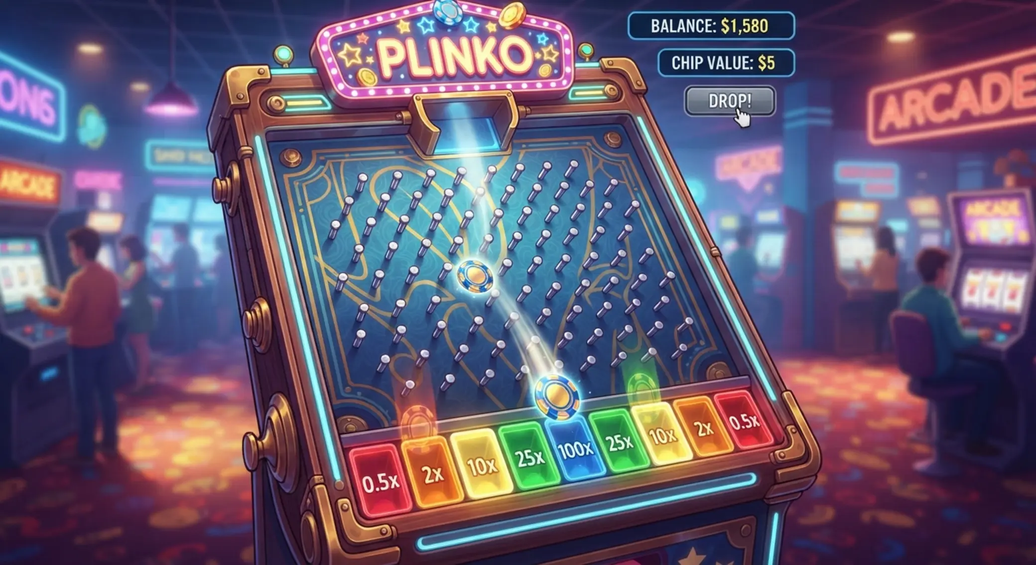 Ilustrační Plinko deska s barevnými políčky a padajícím žetonem