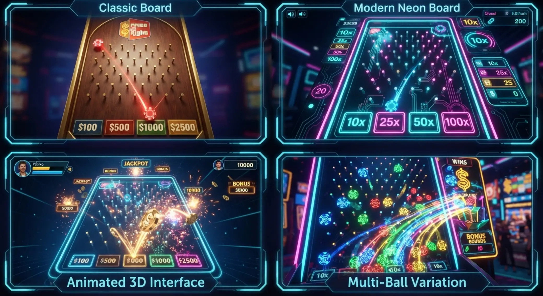 Ukázka různých variant Plinko her online