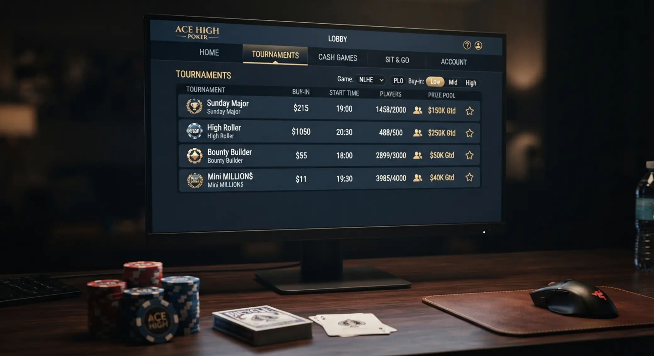 Stylizované pokerové lobby se seznamem turnajů a cash stolů