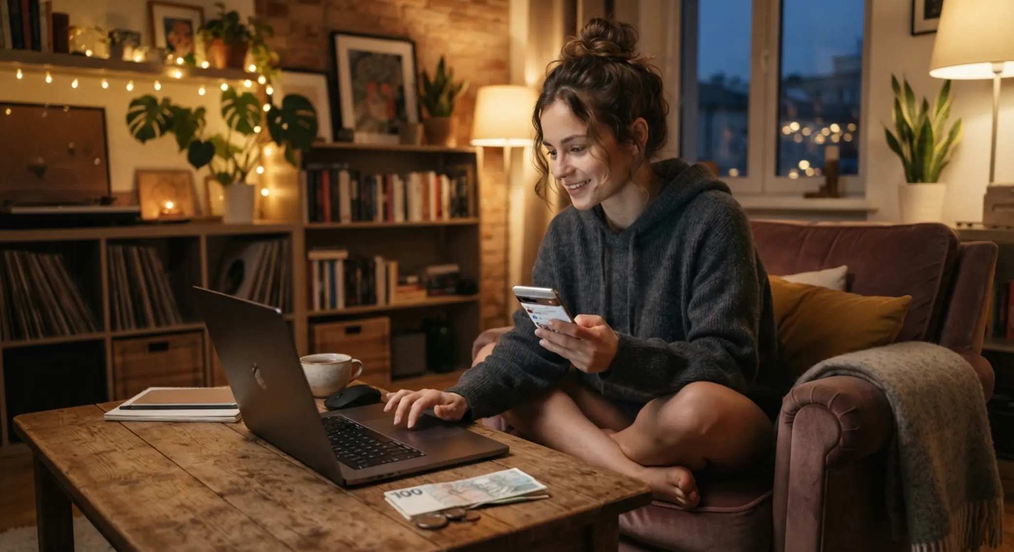 Hráč s mobilem a notebookem při zábavě s částkou 100 Kč
