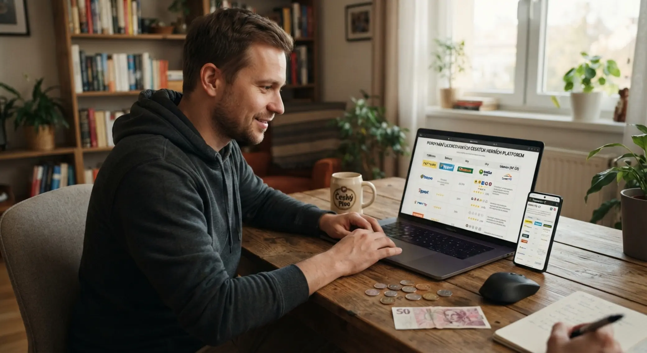 Hráč u notebooku s mobilem a 50 Kč při výběru českého online casina