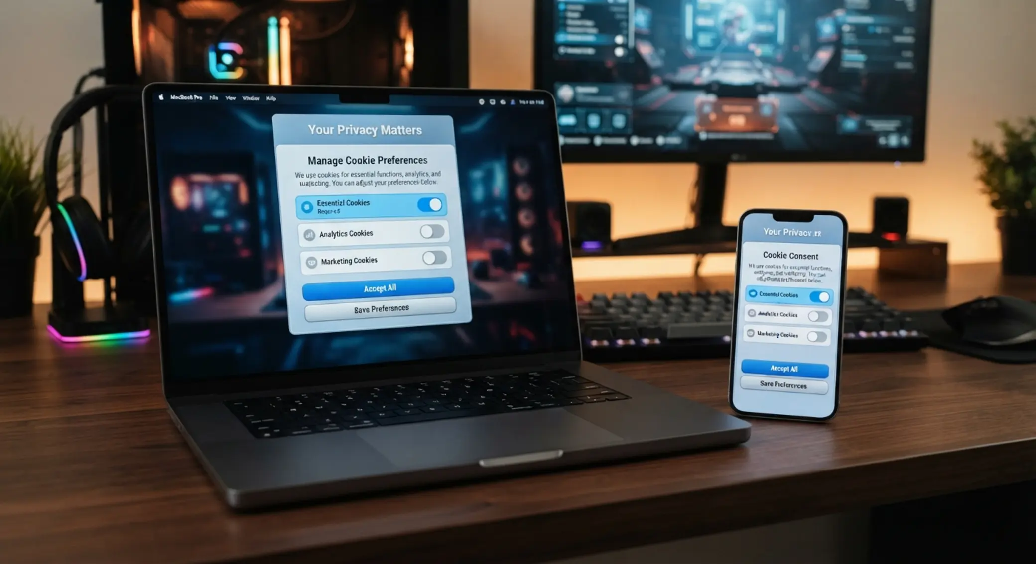 Cookie panel s přepínači pro různé typy cookies na notebooku a mobilu