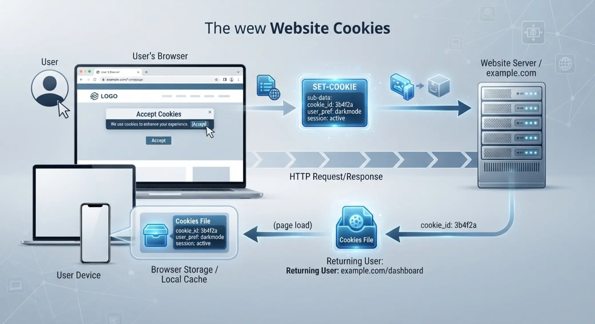 Schéma fungování cookies mezi webem, prohlížečem a uloženým souborem